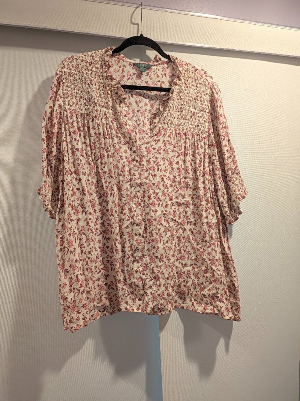 Terra & Sky Floral Smocked Button-Down Blouse